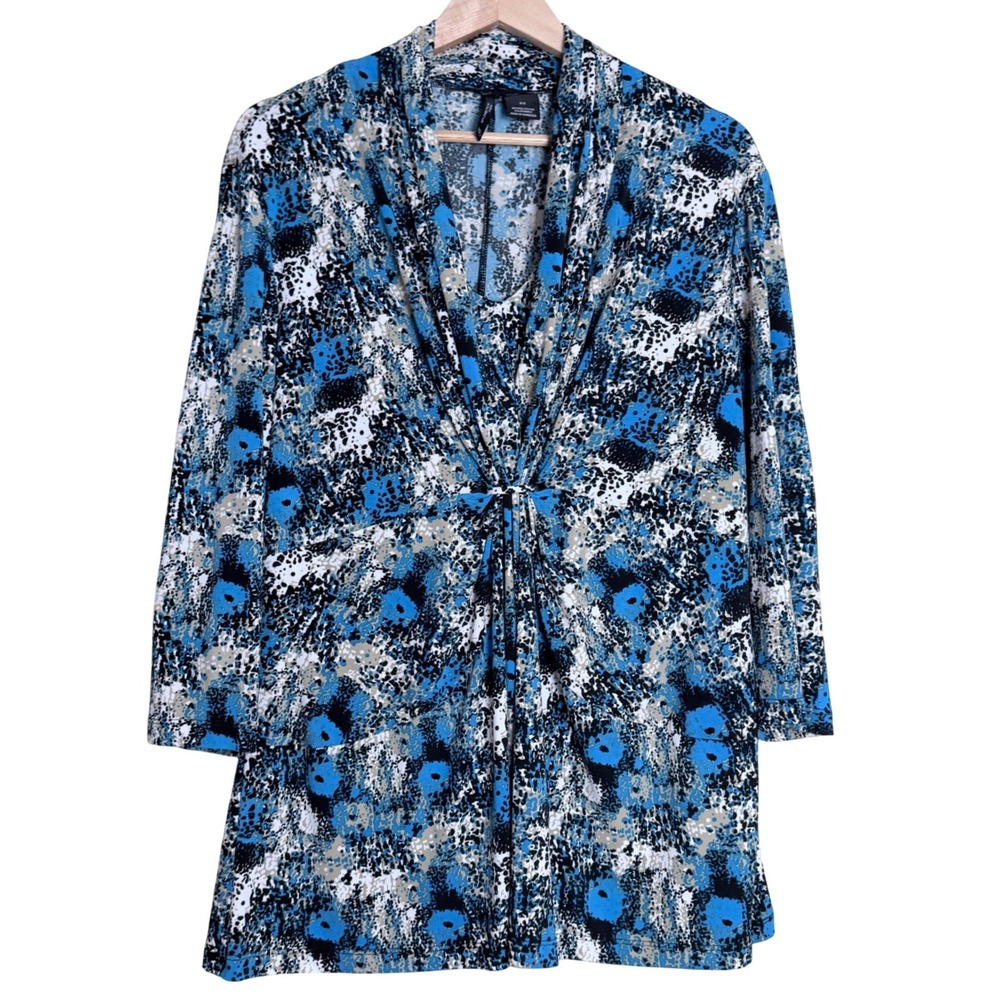 New Directions Blouse Women 2X Blue Abstract 3/4 Sleeve Business Church Stretch